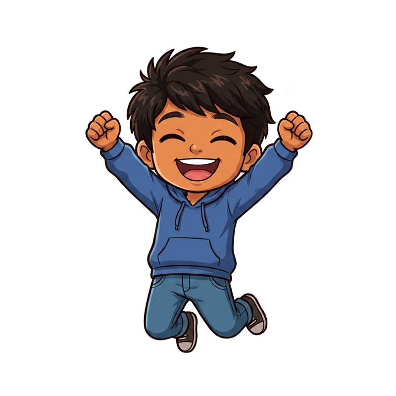 Cartoon Parsa celebrating with both arms up