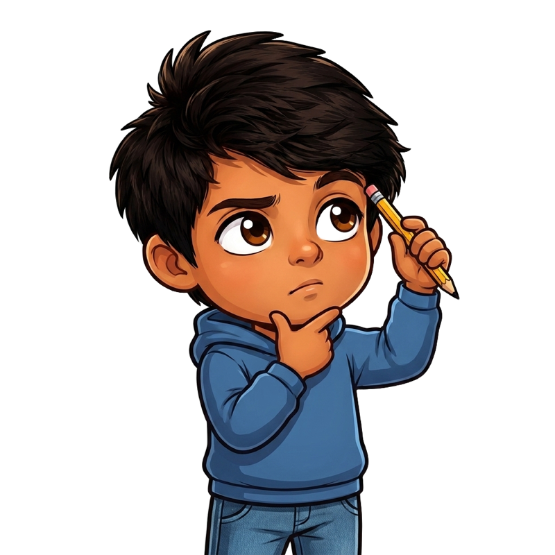 Cartoon Parsa thinking hard about a math problem
